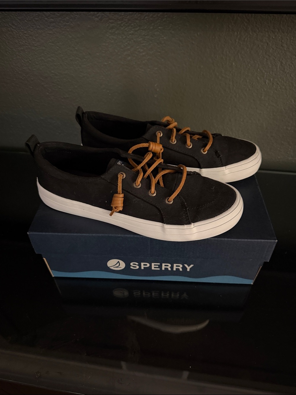 Sperry Black Canvas Boat Shoes with Tan Laces